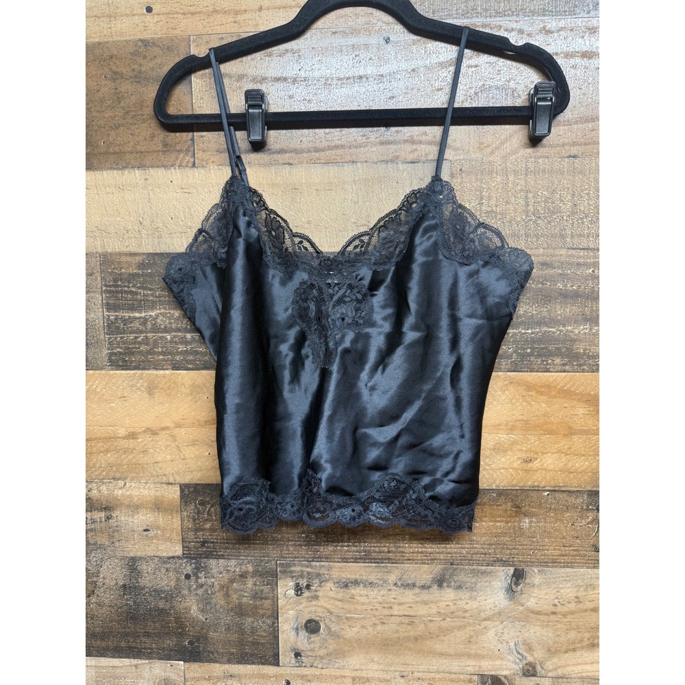 Victoria's Secret Black Satin Lace Trim Camisole Top Small Adjustable Straps